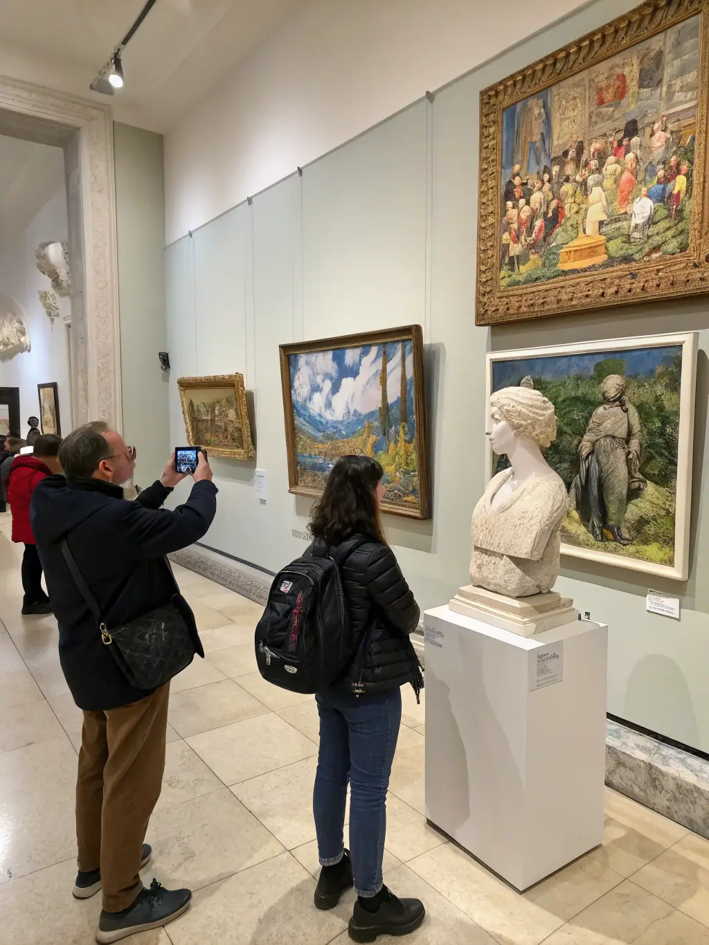 A photograph of a PASSERELLE DES EGARDS-organized exhibition featuring artwork by emerging local artists, with attendees admiring the pieces, emphasizing the organization's support for artistic talent and cultural enrichment.
