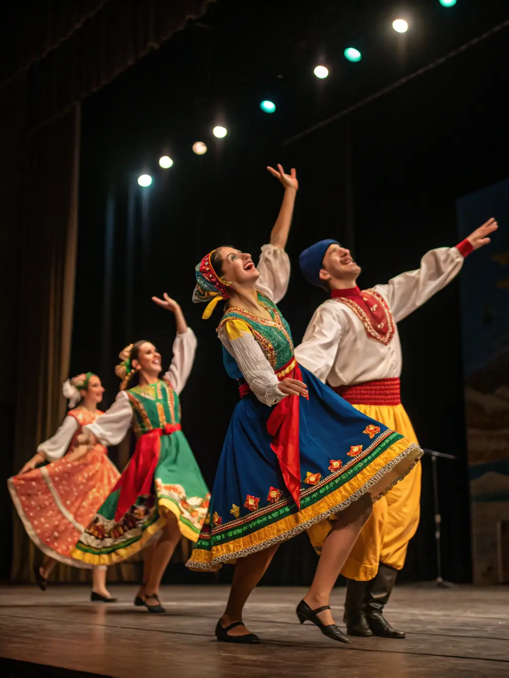 A dynamic image of a PASSERELLE DES EGARDS-sponsored dance performance in a public square, featuring dancers in colorful costumes, with an audience of families and community members, highlighting cultural engagement and artistic talent.
