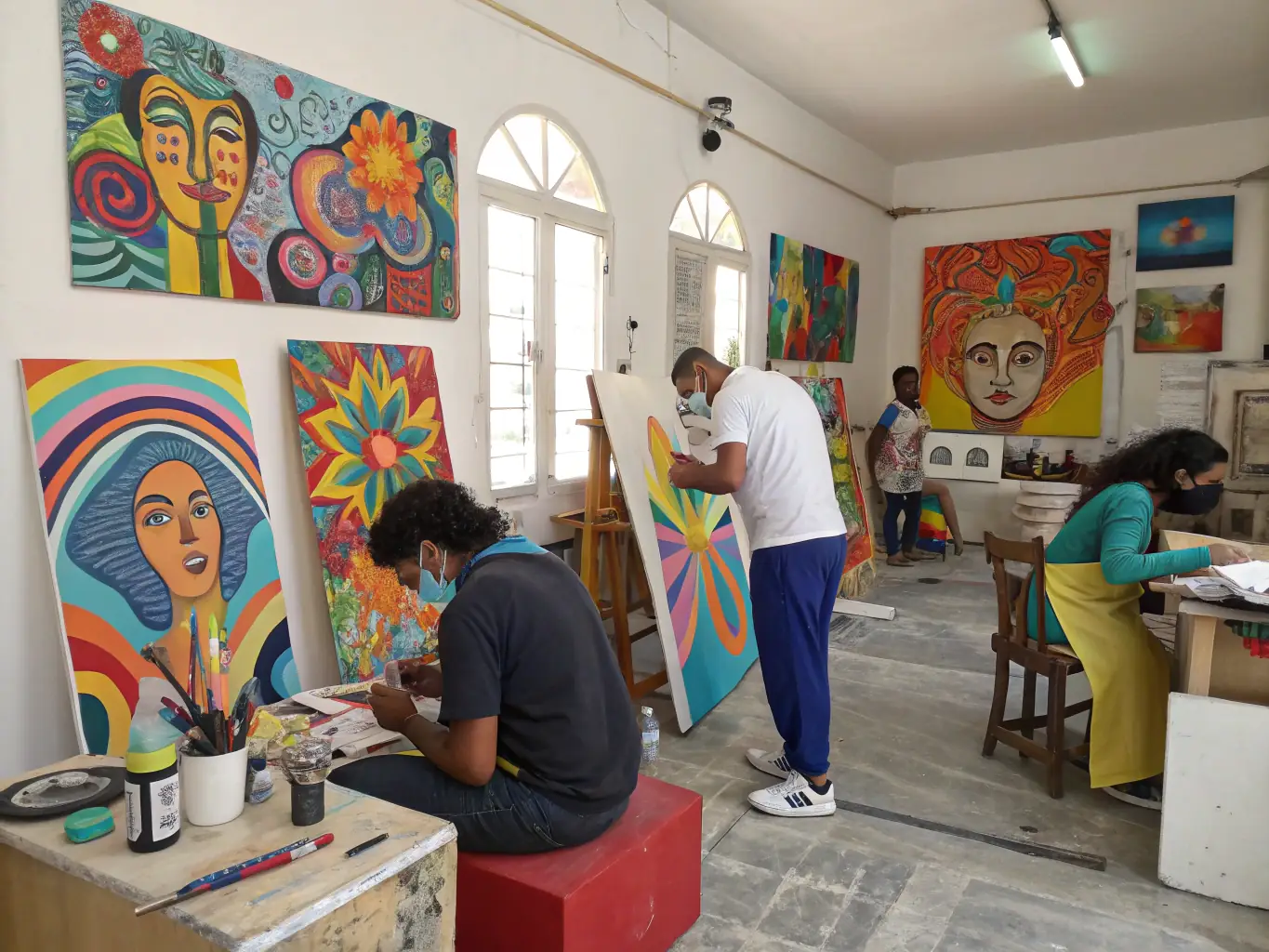 An image of a vibrant community art workshop with participants actively engaged in creating murals and sculptures, representing the Cultural Development Programs of PASSERELLE DES EGARDS.