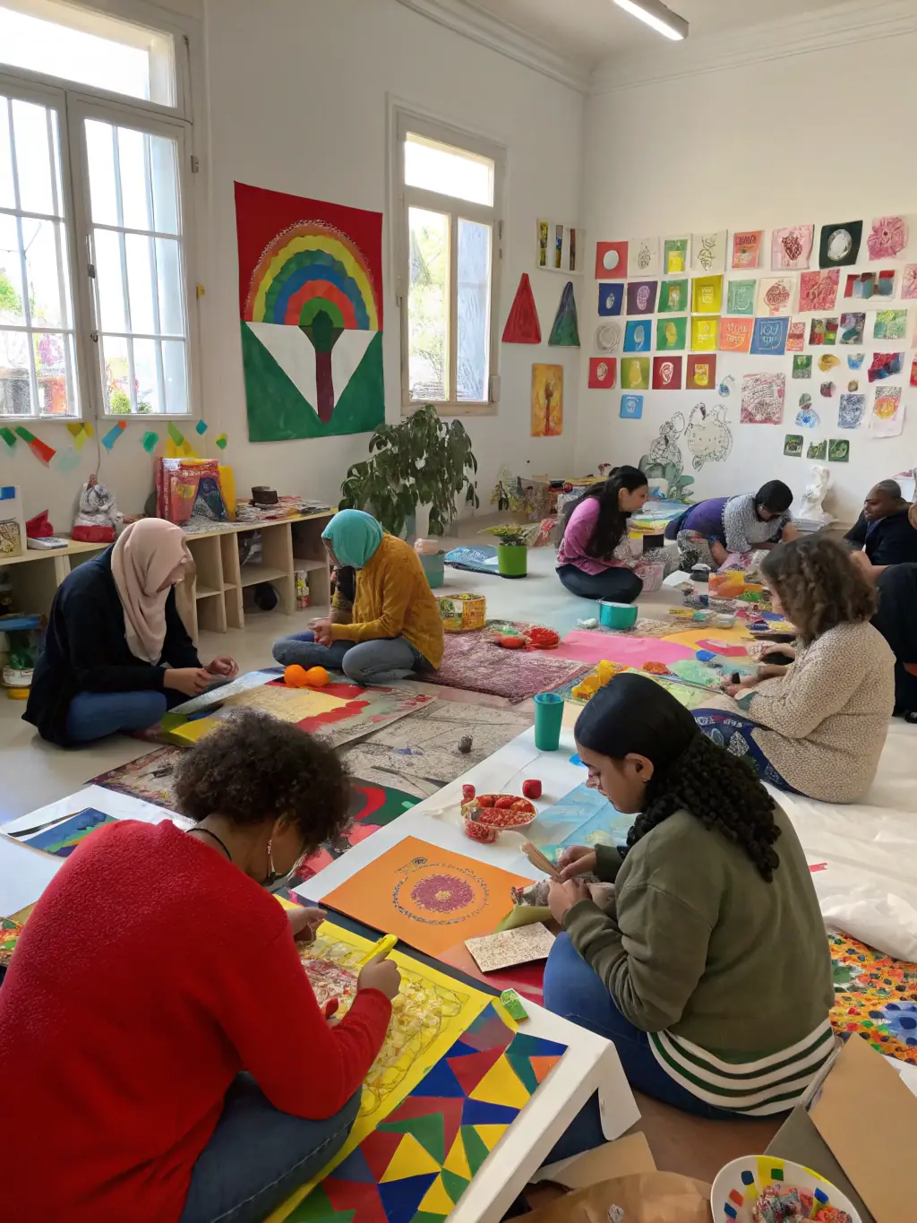 A vibrant photograph capturing a community art workshop in Tulle, France, led by PASSERELLE DES EGARDS, showcasing participants of diverse ages and backgrounds collaborating on a mural, emphasizing inclusivity and creative expression.