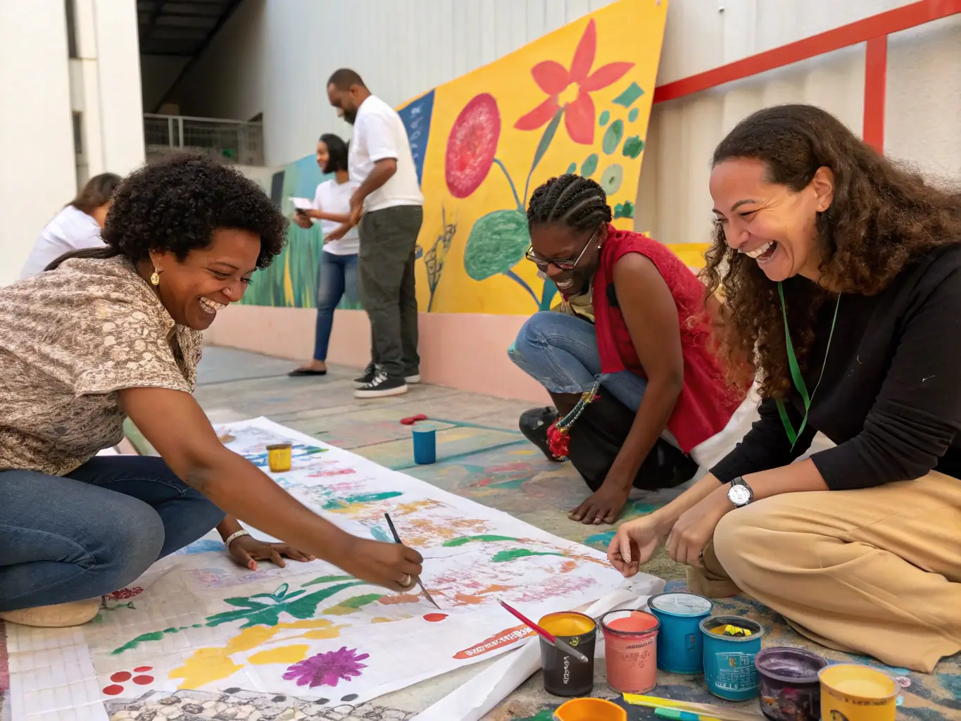 A photograph showcasing a collaborative art project in a local community center, highlighting the inclusive nature of PASSERELLE DES EGARDS' activities.