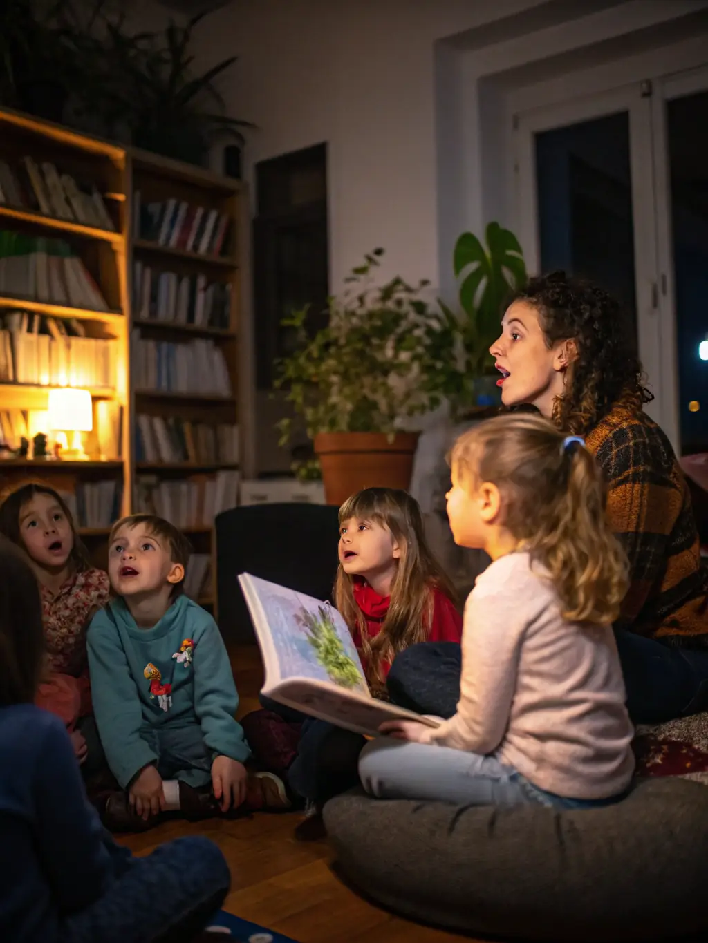 A heartwarming image of children participating in a PASSERELLE DES EGARDS storytelling session at the Centre Culturel Sportif in Tulle, France, with a focus on engagement and the joy of learning through narrative.